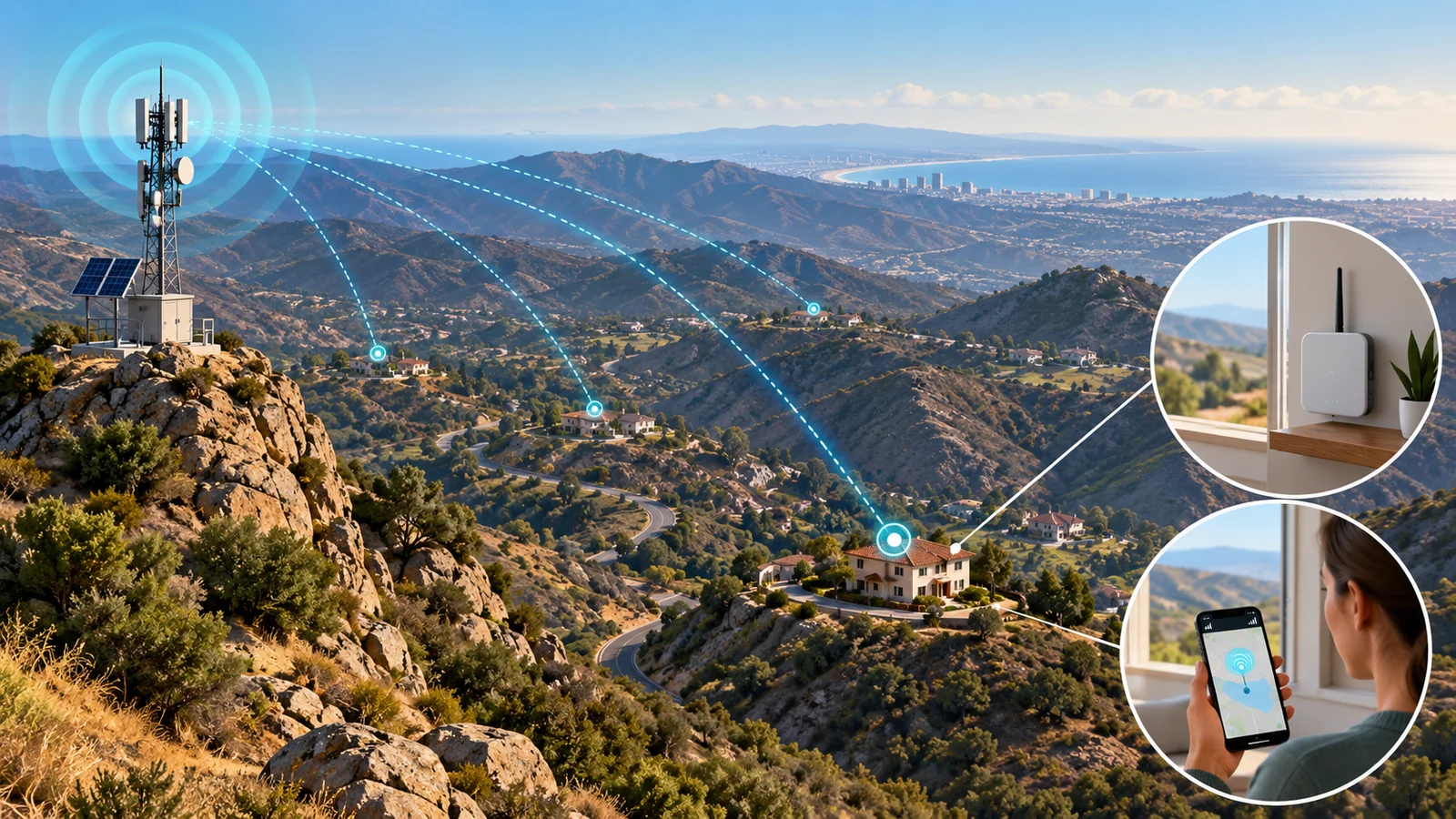 Conceptual view of a Community Gateway providing radio-backed delivery across mountainous terrain to homes using a Resident Node and mobile app.